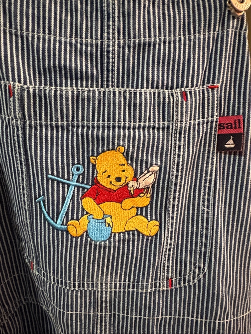 Vintage Women’s Plus Blue Striped Short Overalls with Winnie the Pooh Embroidery - Picture 2 of 8